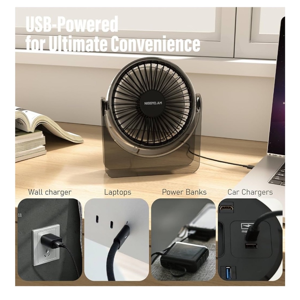 USB Desk Fan 6 Inch Portable Table Fan 3 Speeds Quiet Powerful Cooling Office - Picture 5 of 9